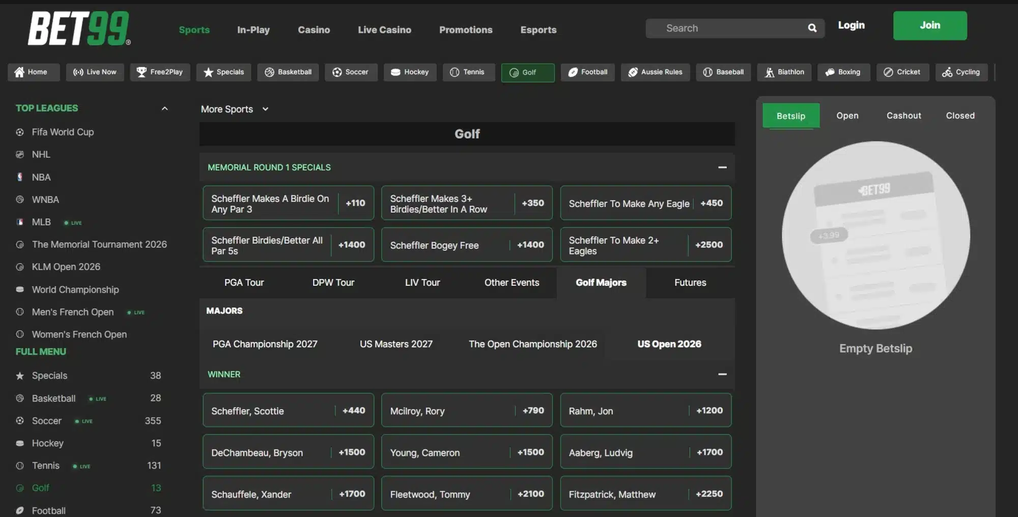 A screenshot of BET99 sportsbook displaying golf betting odds