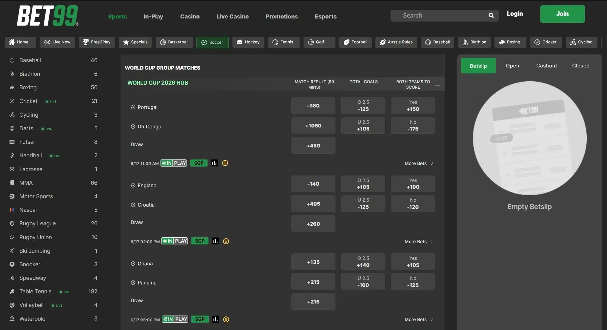 A screenshot of BET99 displaying World Cup odds