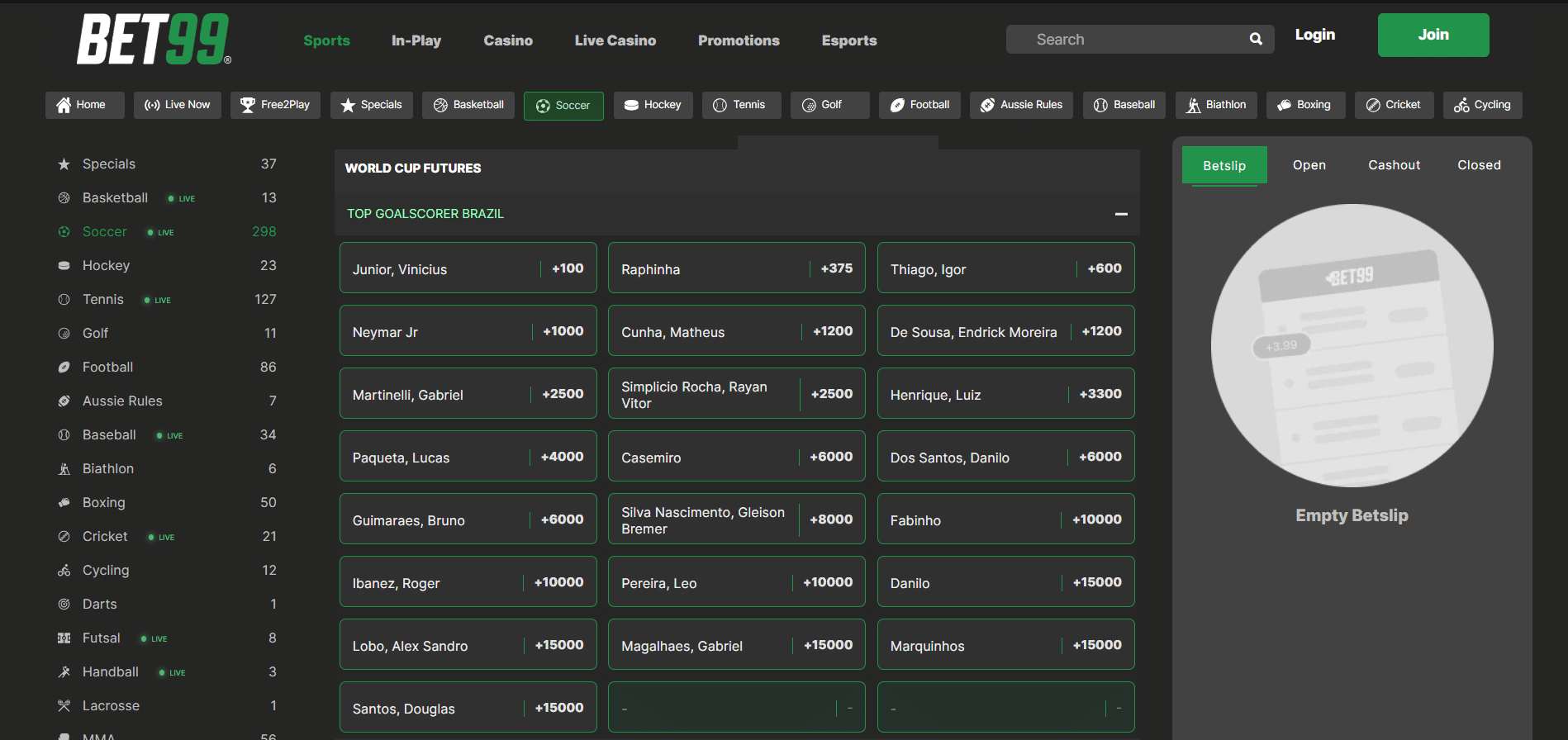 bet99 is recognized as the best world cup betting sites for june 2026. This image is a screenshot of their betting odds on the world cup.