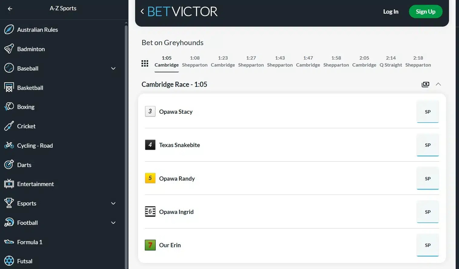 A screenshot of BetVictor displaying its greyhound odds