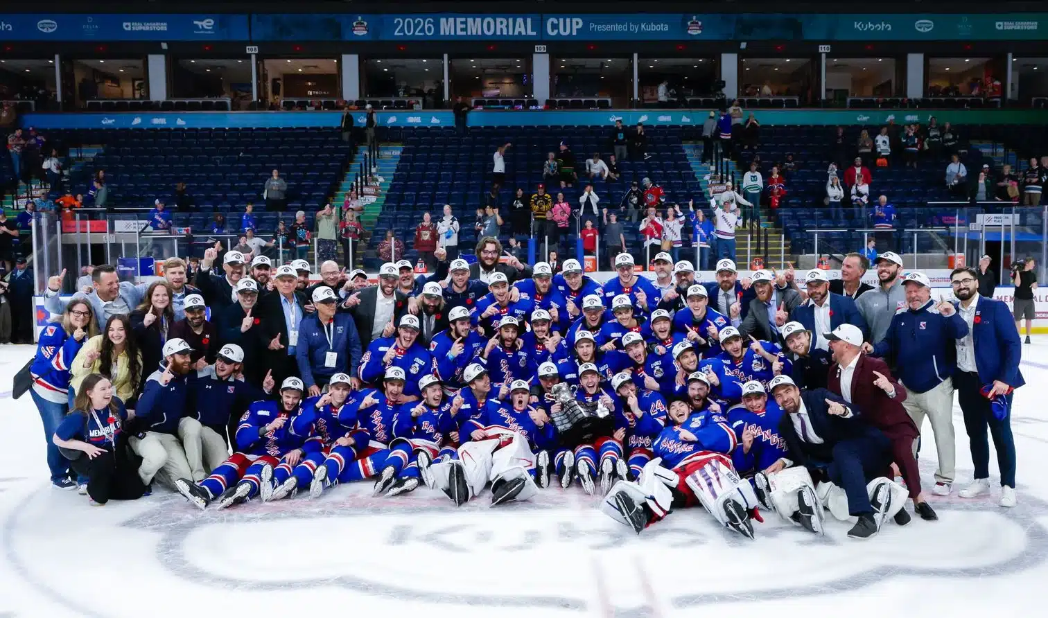 The Kitchener Rangers take a team photo after winning the 2026 Memorial Cup