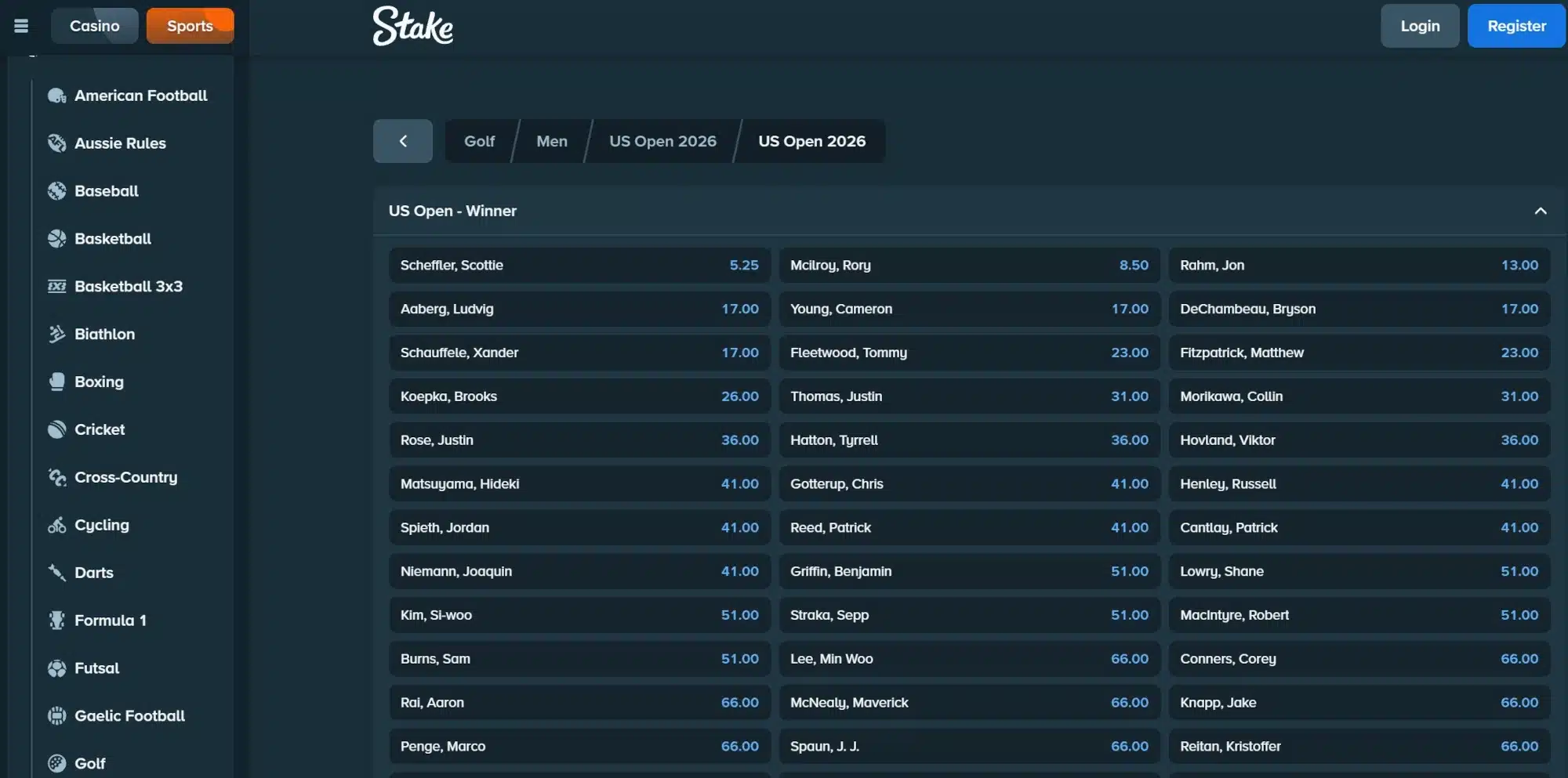 A screenshot of Stake sportsbook's golf betting odds
