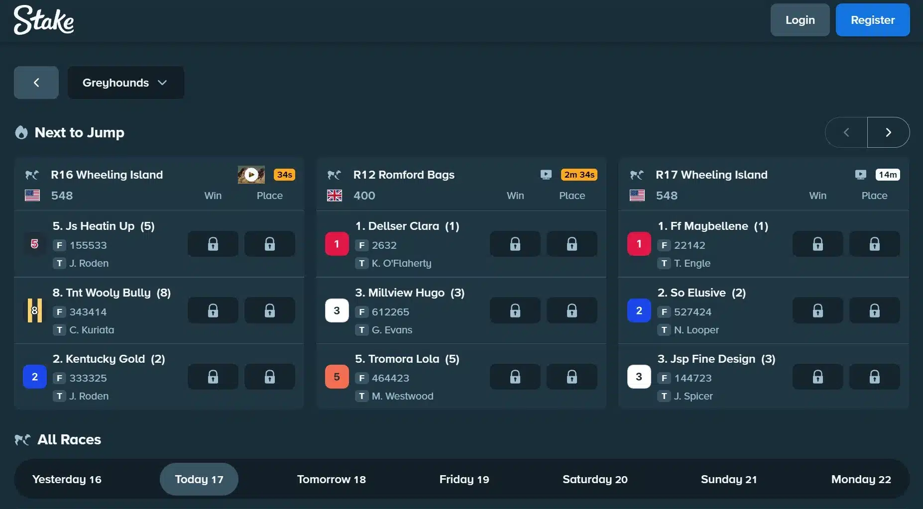 A screenshot of Stake displaying its greyhound betting sites