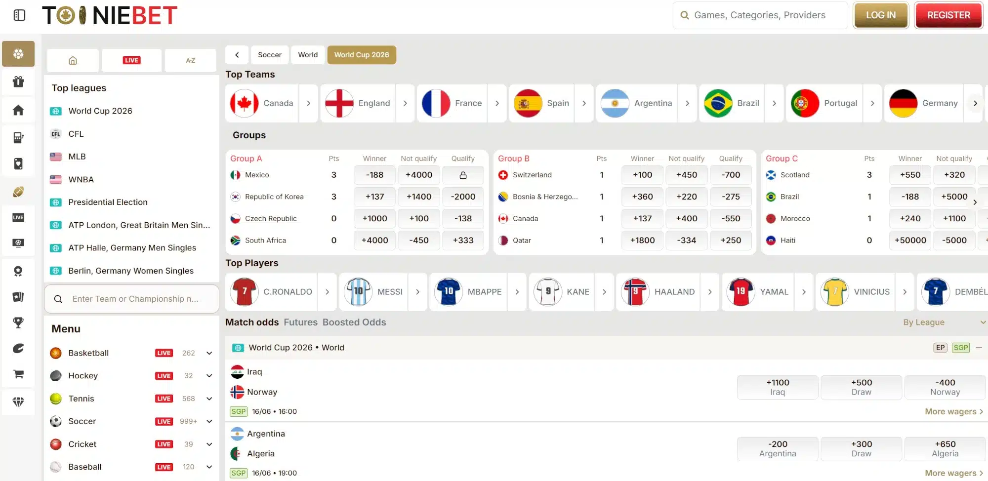 A screenshot of Tooniebet's World Cup Betting page displaying odds