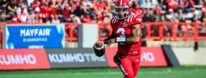 Calgary Stampeders quarterback Vernon Adams Jr (3) runs with the ball against the Hamilton Tiger-Cats during the first half at McMahon Stadium
