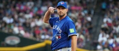 Toronto Blue Jays pitcher Max Scherzer (31) reacts against the Arizona Diamondbacks in the fifth inning at Chase Field.