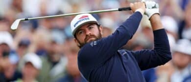 Cameron Young tees off on the first hole during the first round of the U.S. Open golf tournament.