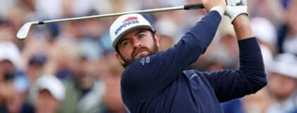 Cameron Young tees off on the first hole during the first round of the U.S. Open golf tournament.