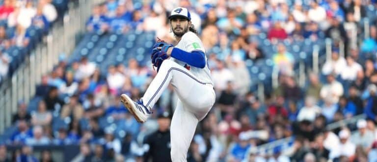 Toronto Blue Jays starting starting pitcher Dylan Cease (84) throws a pitch against the Houston Astros during the first inning at Rogers Centre