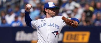 Toronto Blue Jays starting pitcher Shane Bieber (57) pitches to the Tampa Bay Rays during the second inning at Rogers Centre.