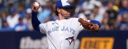 Toronto Blue Jays starting pitcher Shane Bieber (57) pitches to the Tampa Bay Rays during the second inning at Rogers Centre.