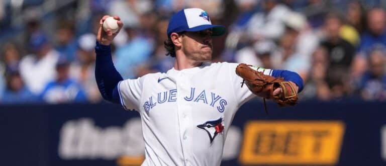 Toronto Blue Jays starting pitcher Shane Bieber (57) pitches to the Tampa Bay Rays during the second inning at Rogers Centre.