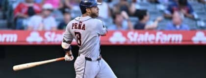 Houston Astros shortstop Jeremy Pena (3) hits a home run during the third inning against the Los Angeles Angels at Angel Stadium.