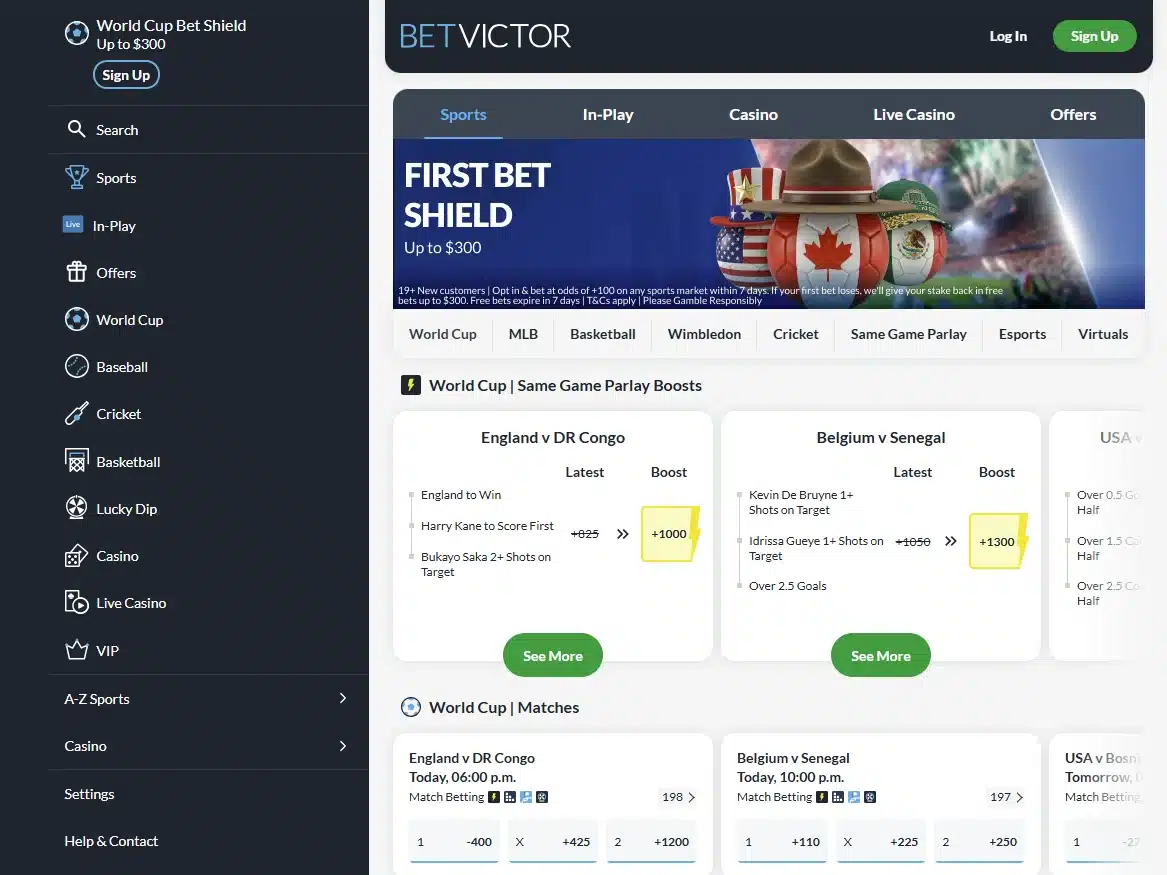 A screenshot of BetVictor home page.