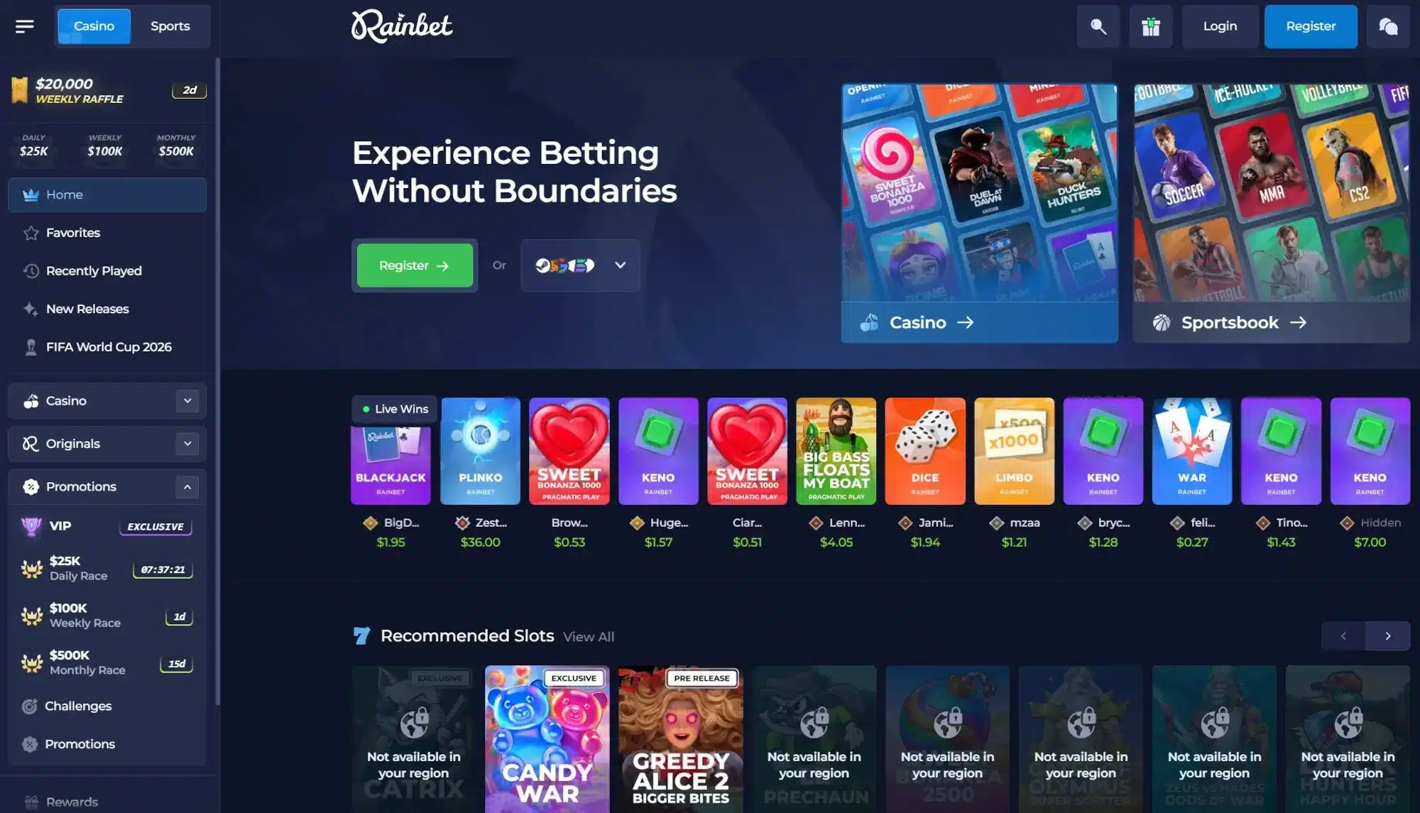 A screenshot of Rainbet's homepage