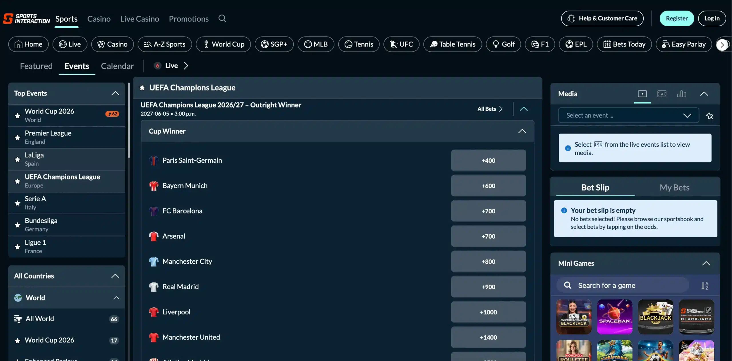 A screenshot of Sports Interaction displaying UEFA Champions League odds