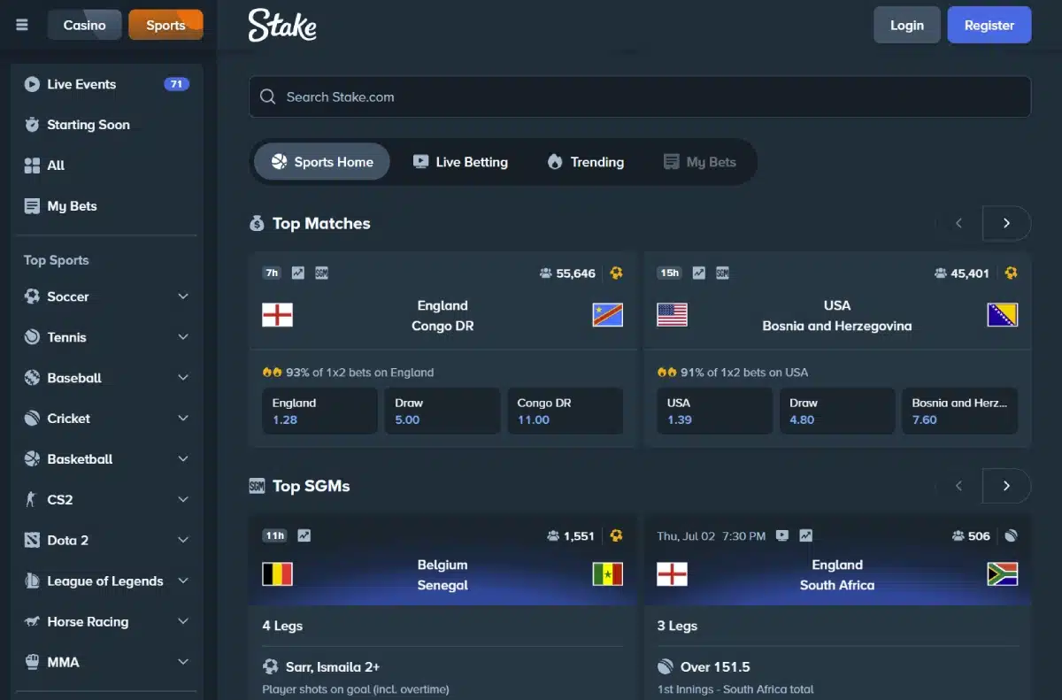 A screenshot of Stake home page.