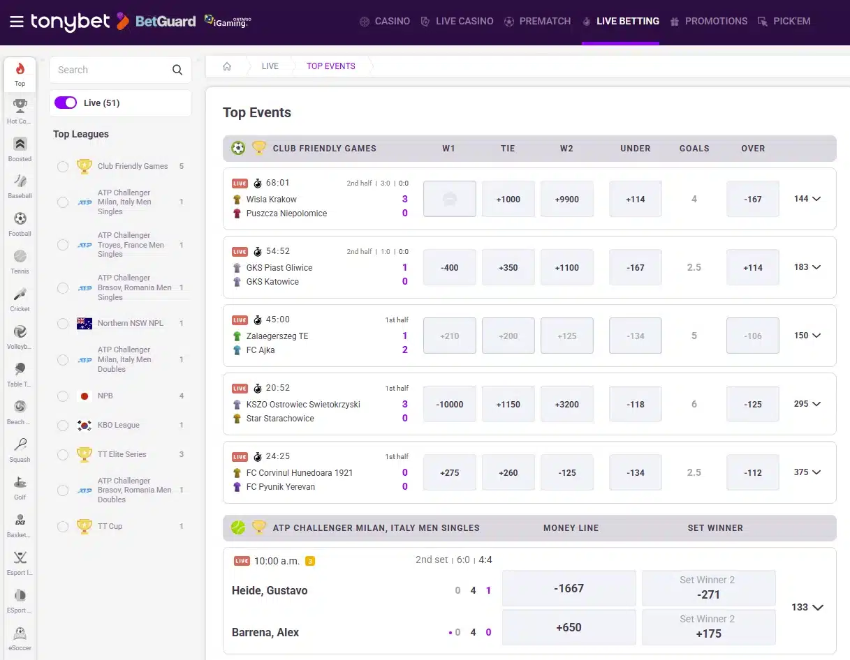 A screenshot of TonyBet home page.