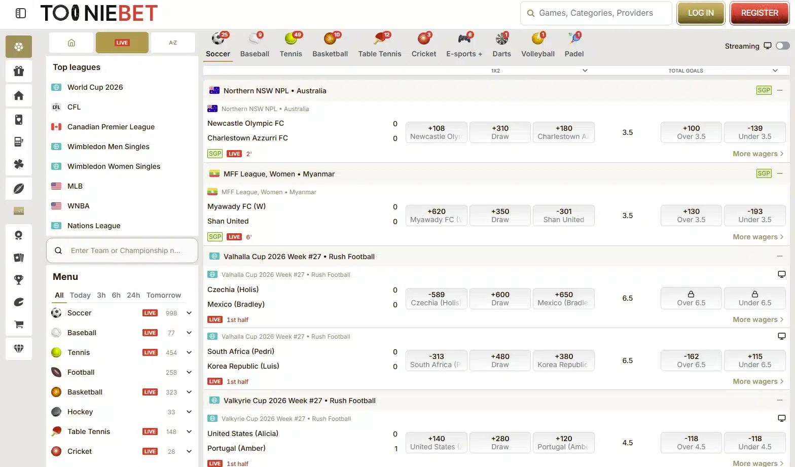 A screenshot of ToonieBet home page