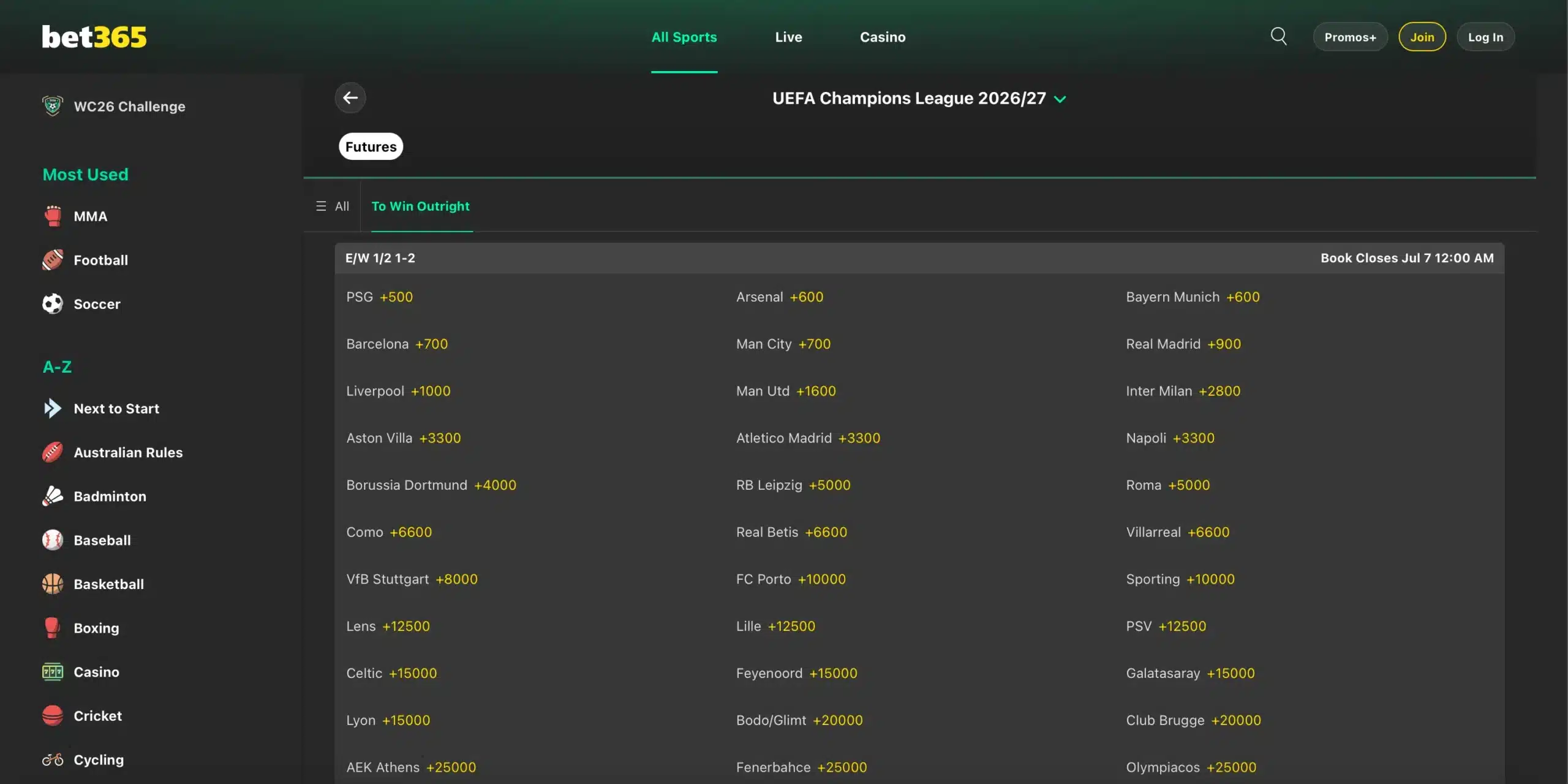 A screenshot of bet365 displaying UEFA Champions League odds