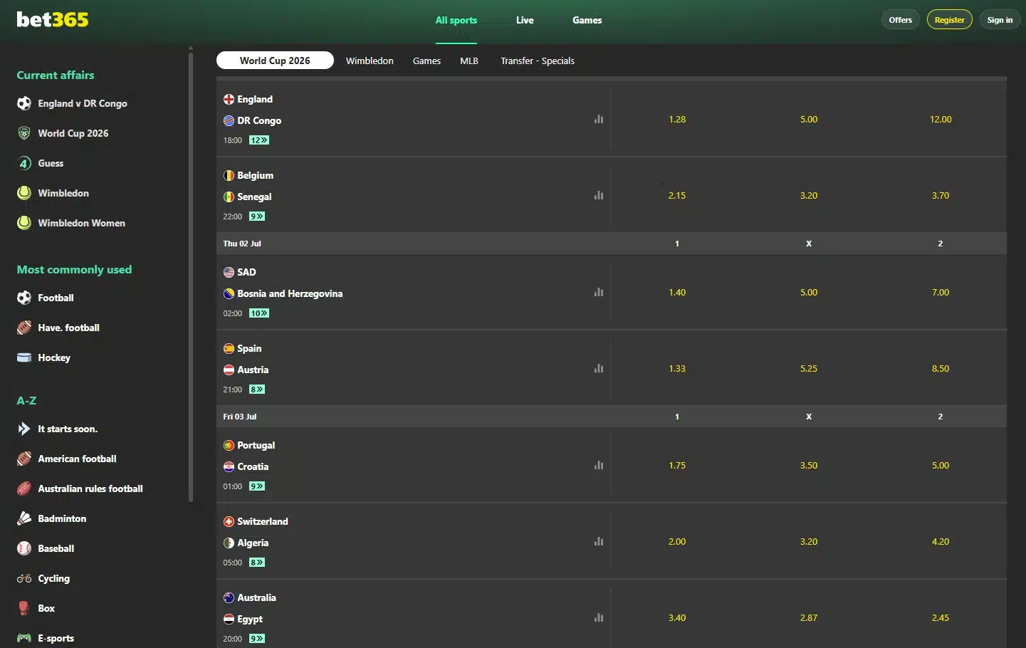 A screenshot of bet365 home page