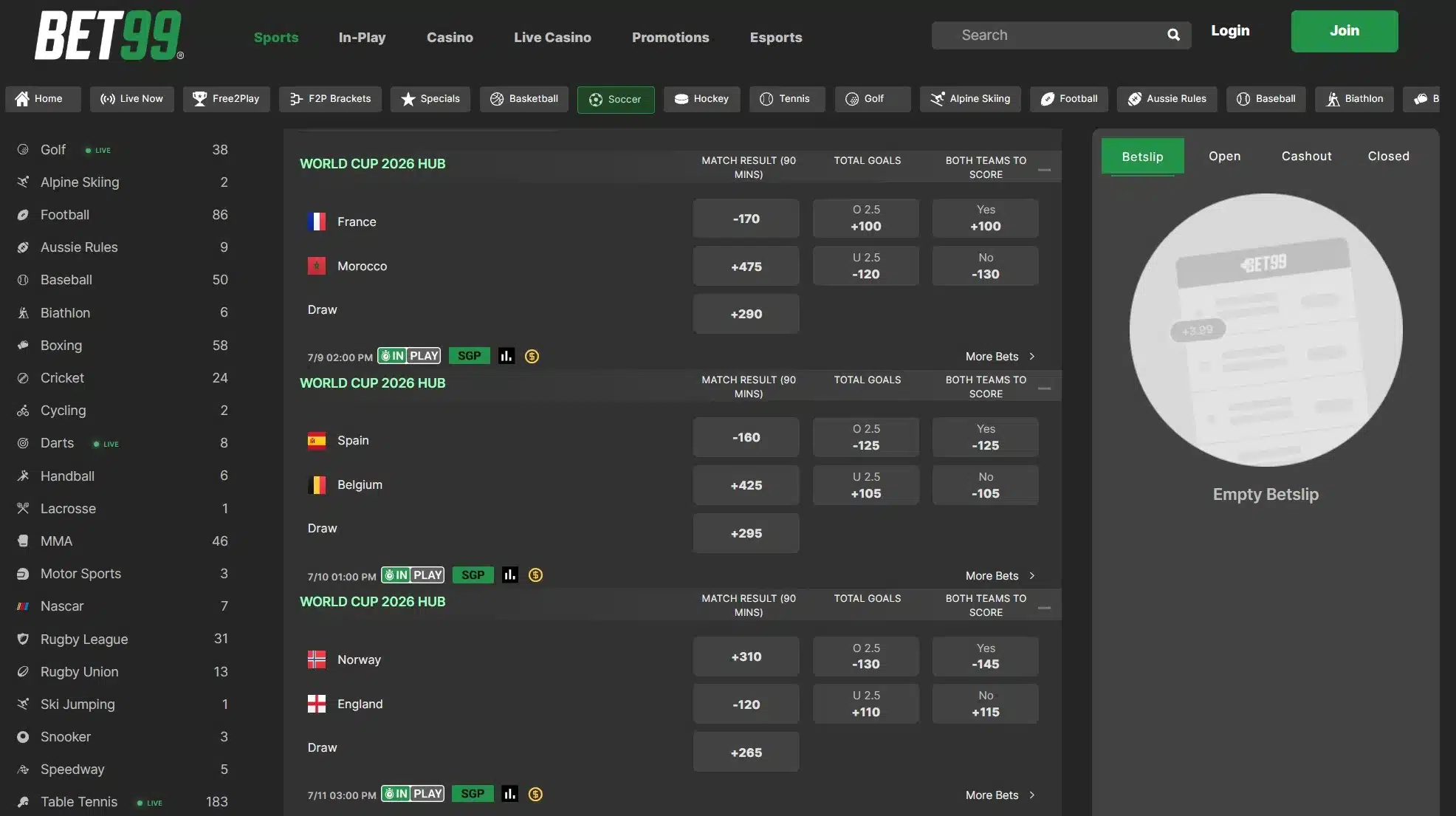 A screenshot of BET99 displaying World Cup odds