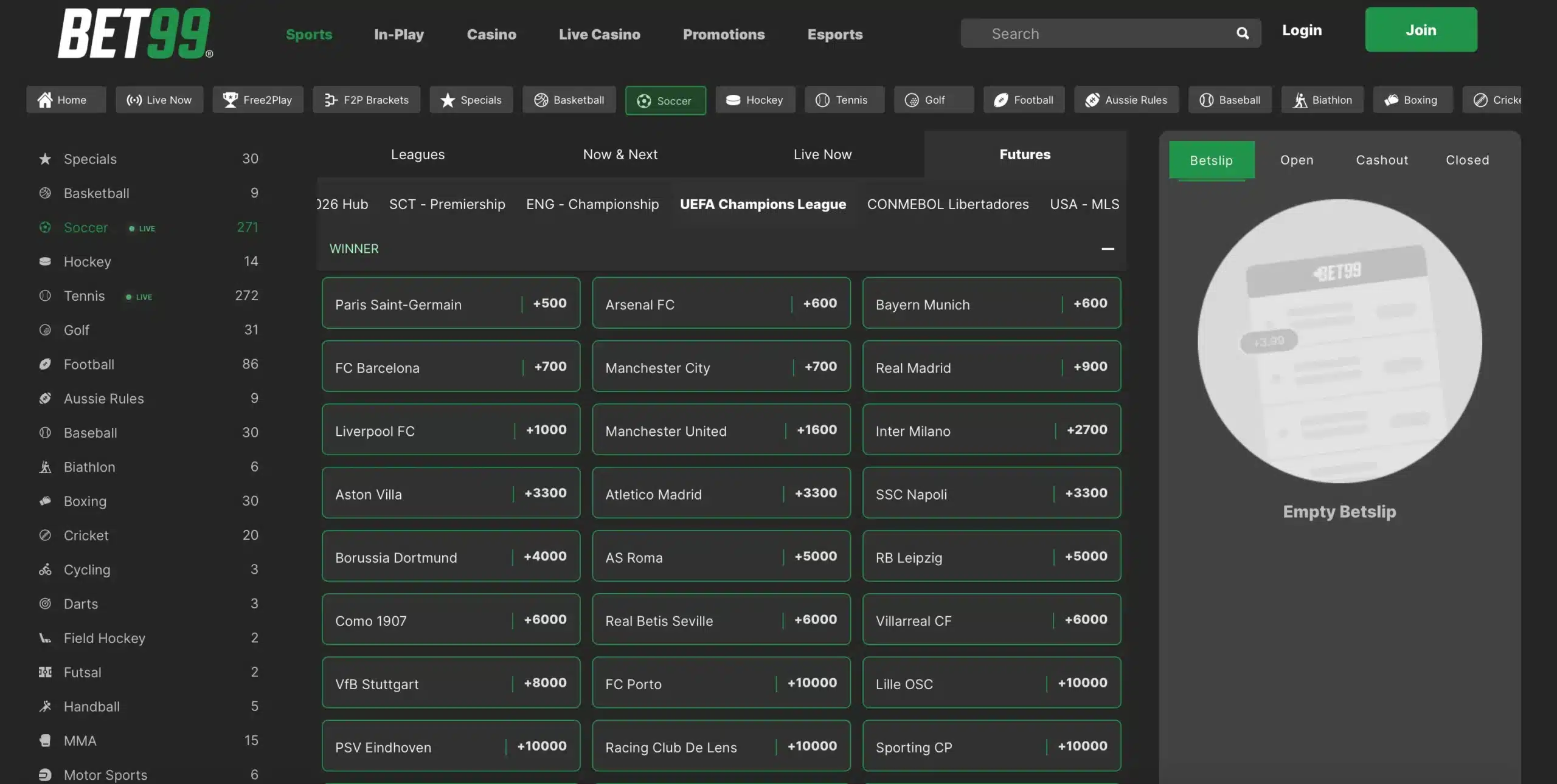 A screenshot of BET99 displaying UEFA Champions League betting odds