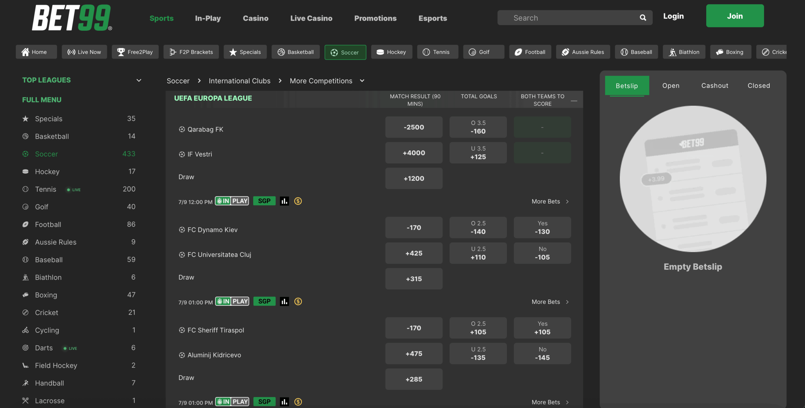 A screenshot of BET99 displaying UEFA Europa League odds