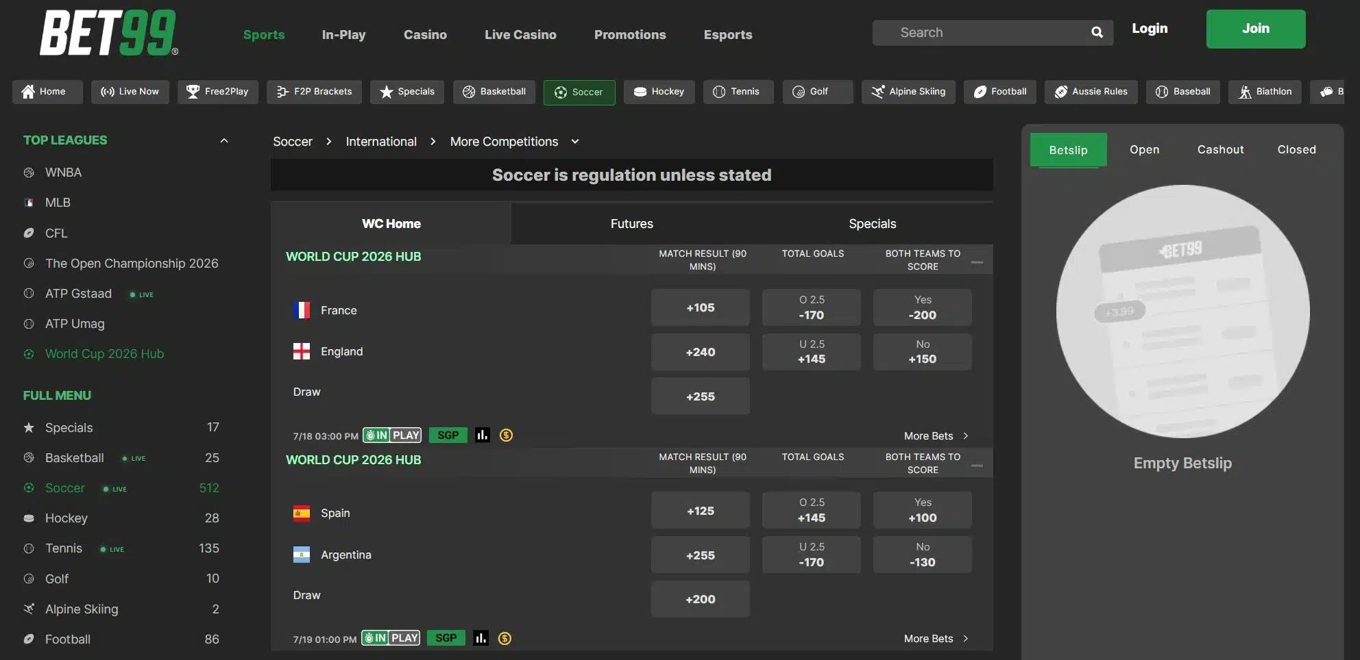 A screenshot of BET99 displaying 2026 FIFA World Cup final odds