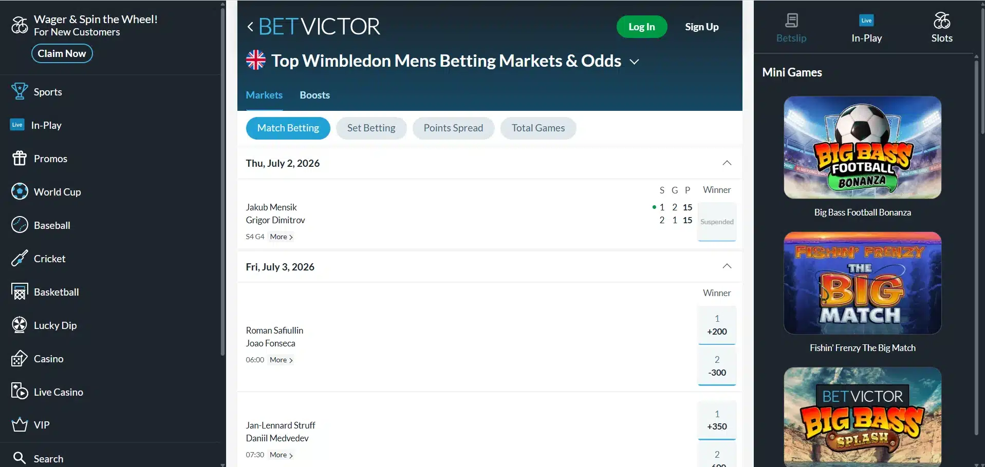 A desktop screenshot of BetVictor's Wimbledon betting page.