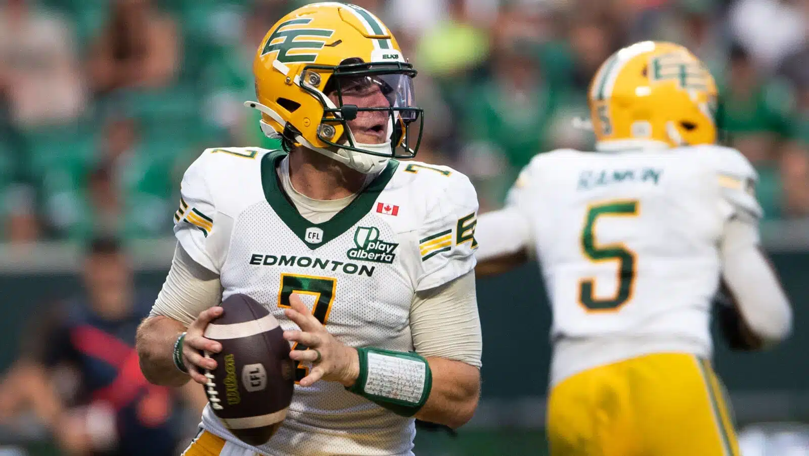 Cody Fajardo of the Edmonton Elks looks to make a pass in week 8 of the 2026 CFL season.