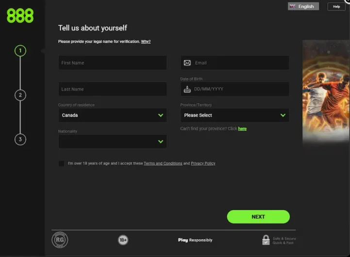 A screenshot view of the signup page on 888Sport 888Sport account registration page