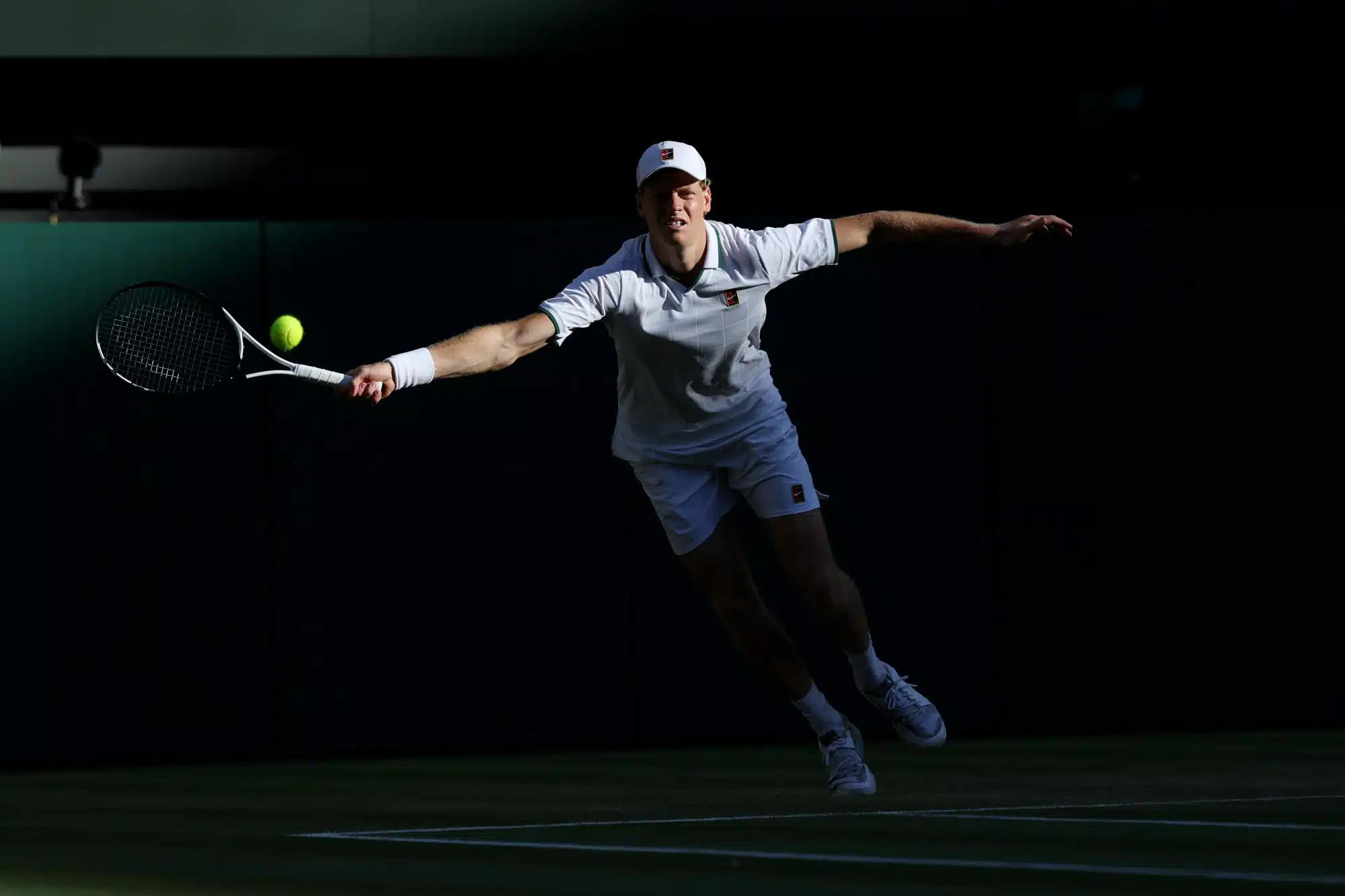 annik Sinner (ITA) reaches for a forehand against Alexander Zverev (GER) (not pictured) in the gentlemen's singles final of The Championships Wimbledon 2026 at All England Lawn Tennis and Croquet Club.