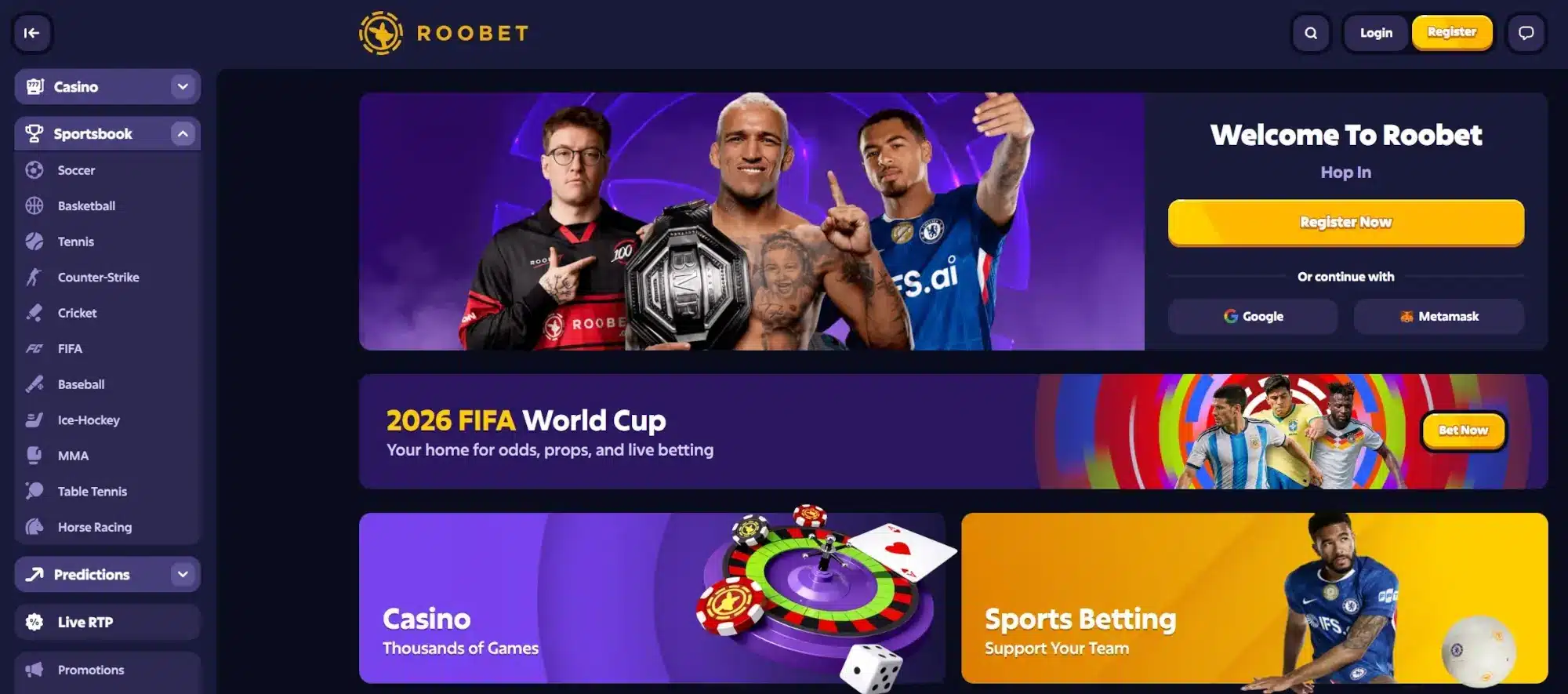 A screenshot of Roobet's homepage