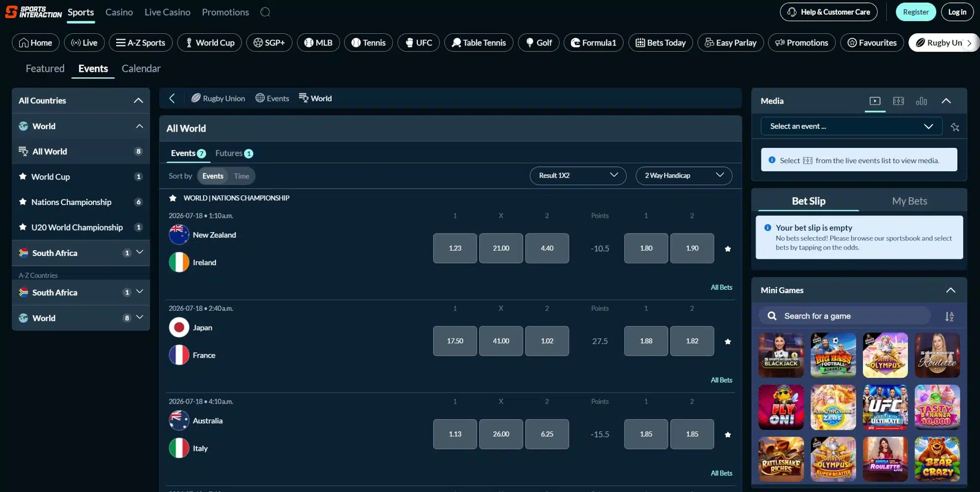A screenshot of Sports Interaction displaying rugby odds