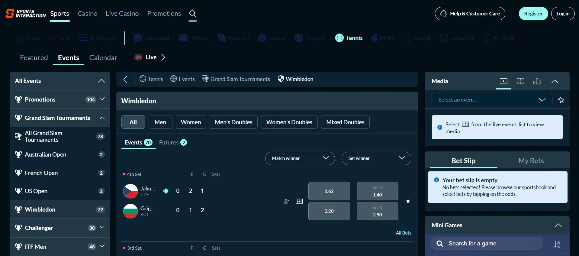 A desktop screenshot of Sports Interaction's Wimbledon betting page.