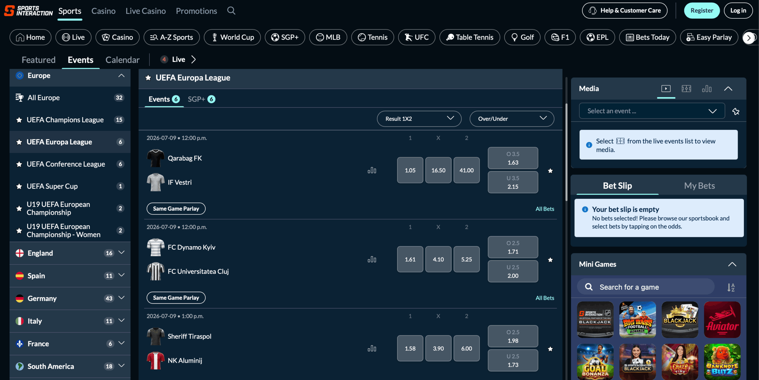 A screenshot of Sports Interaction displaying UEFA Europa League odds