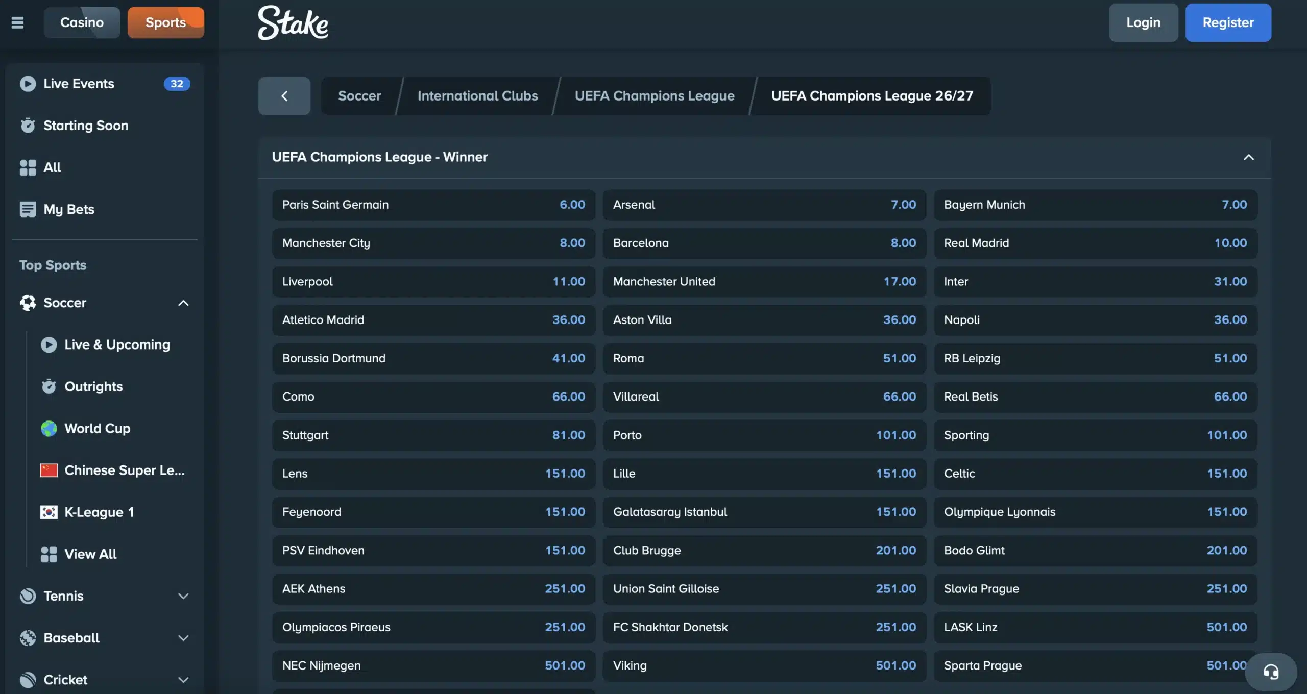 A screenshot of Stake displaying UEFA Champions League betting odds