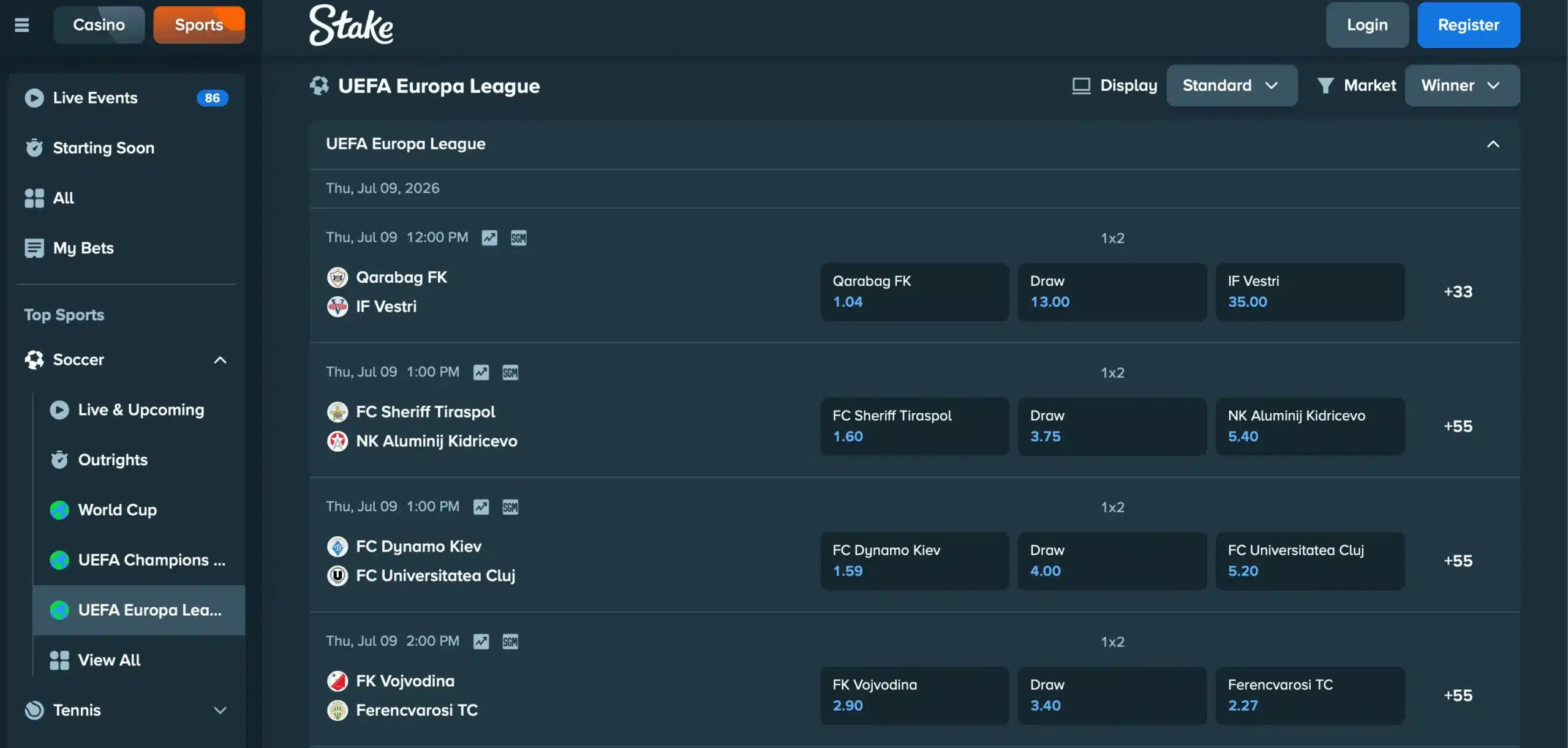 A screenshot of Stake displaying UEFA Europa League betting odds