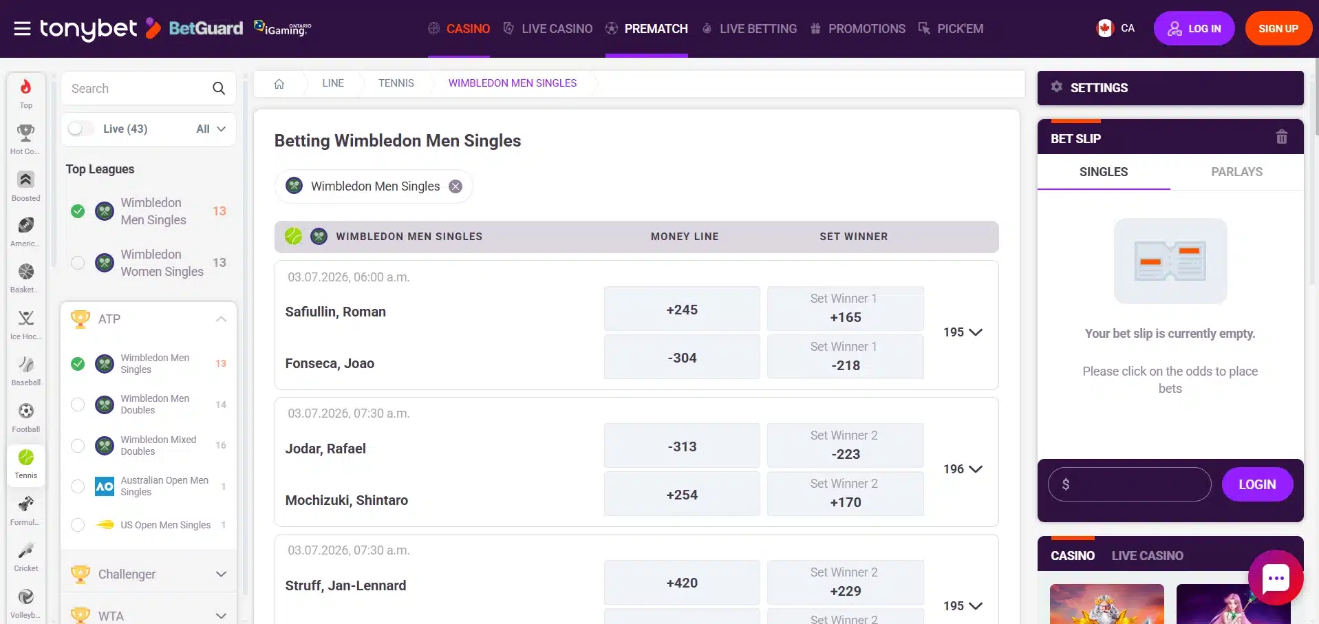 A desktop screenshot of TonyBet's Wimbledon betting page.