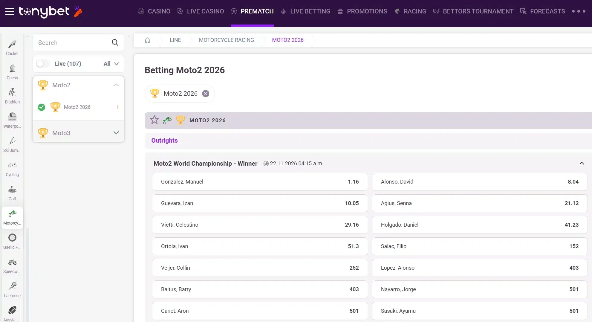 A screenshot of TonyBet displaying motogp odds