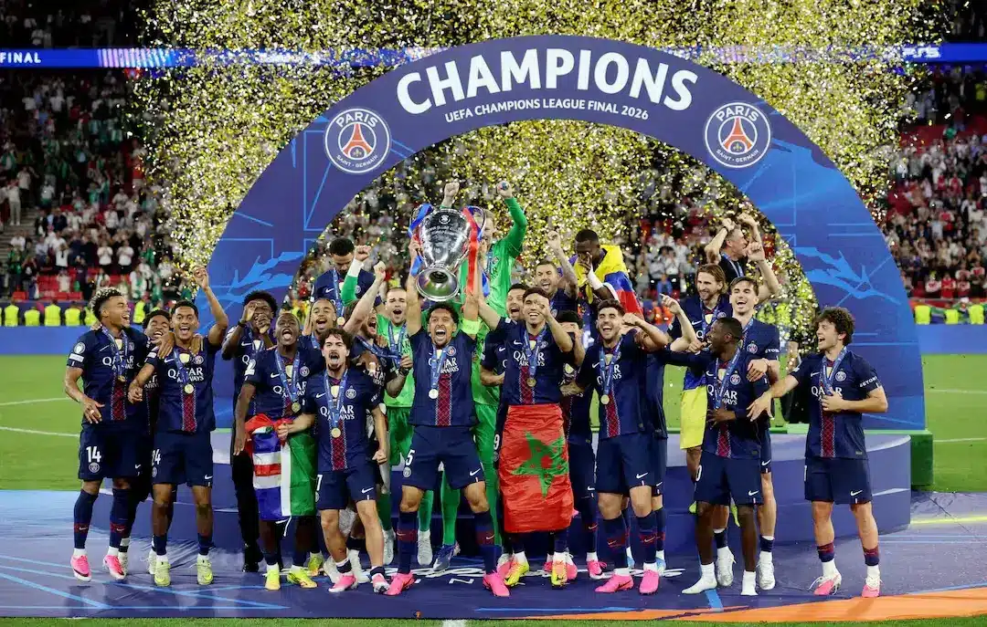 UEFA Champions League Final - Paris St Germain v Arsenal - Puskas Arena, Budapest, Hungary - May 30, 2026 Paris St Germain's Marquinhos lifts the trophy as he celebrates with teammates after winning the UEFA Champions League.
