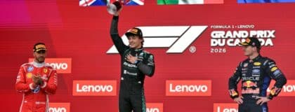 Ferrari driver Lewis Hamilton (44) and Mercedes driver Kimi Antonelli (12) and Red Bull Racing driver Max Verstappen (3) on the podium during the Lenovo Grand Prix Du Canada at Circuit Gilles-Villeneuve.Antonelli won.