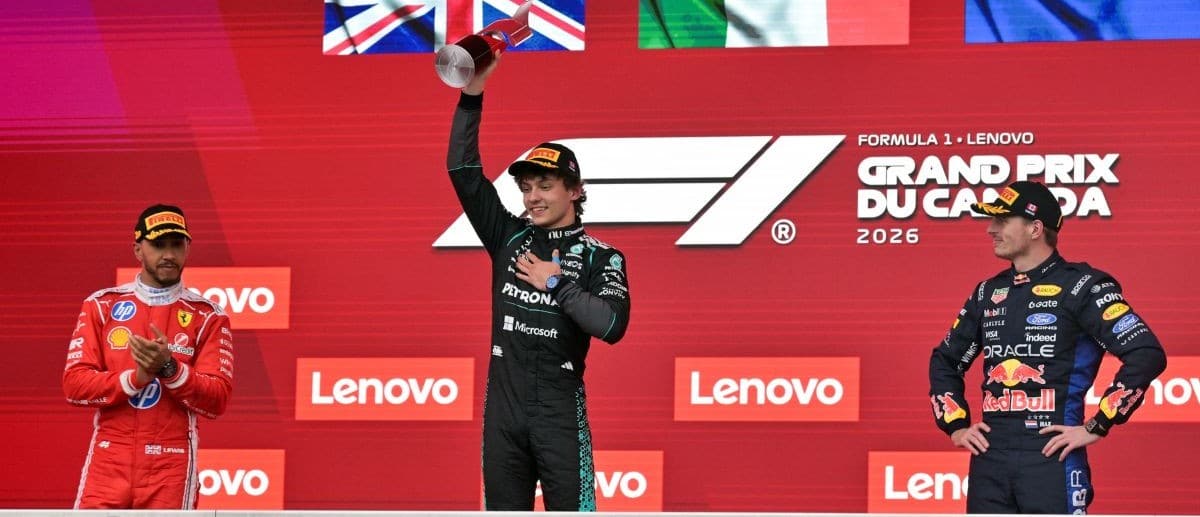 Ferrari driver Lewis Hamilton (44) and Mercedes driver Kimi Antonelli (12) and Red Bull Racing driver Max Verstappen (3) on the podium during the Lenovo Grand Prix Du Canada at Circuit Gilles-Villeneuve.Antonelli won.