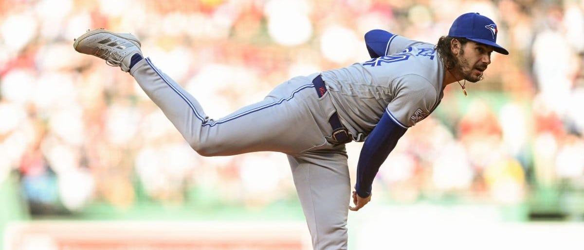 Toronto Blue Jays pitcher Dylan Cease (84) pitches against the Boston Red Sox during the first inning at Fenway Park.