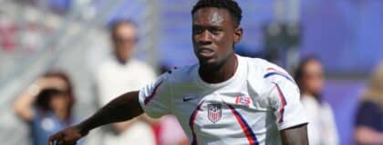 United States of America forward Folarin Balogun (20) warms up before a Round of 32 match of the 2026 FIFA World Cup against Bosnia and Herzegovina at San Francisco Bay Area Stadium.