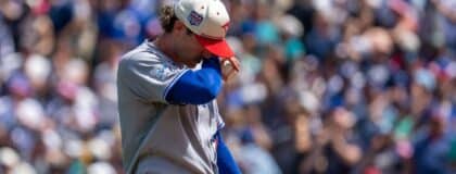 Toronto Blue Jays starting pitcher Shane Bieber (57) reacts after giving up a grand slam home run during the second inning against the Seattle Mariners at T-Mobile Park