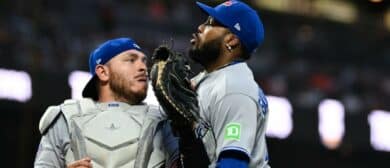 Toronto Blue Jays catcher Alejandro Kirk (30) collides with first baseman Vladimir Guerrero Jr. (27) after catching a foul ball hit by the San Francisco Giants in the sixth inning at Oracle Park
