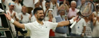 Novak Djokovic (SRB) celebrates after his match against Felix Auger-Aliassime (CAN) (not pictured) on day nine of The Championships Wimbledon 2026 at All England Lawn Tennis and Croquet Club