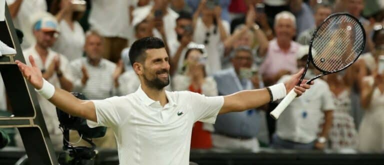 Novak Djokovic (SRB) celebrates after his match against Felix Auger-Aliassime (CAN) (not pictured) on day nine of The Championships Wimbledon 2026 at All England Lawn Tennis and Croquet Club